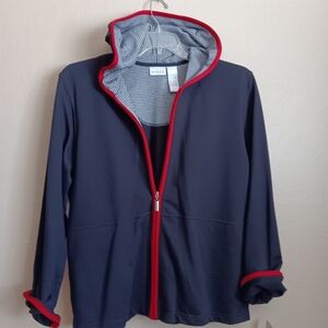 KORET Women's black and red sweater with hood. Front zipper